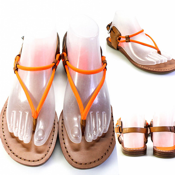 Coach Leather Thong Sandals T Strap Flats Neon Orange Brown 7 - Picture 1 of 8